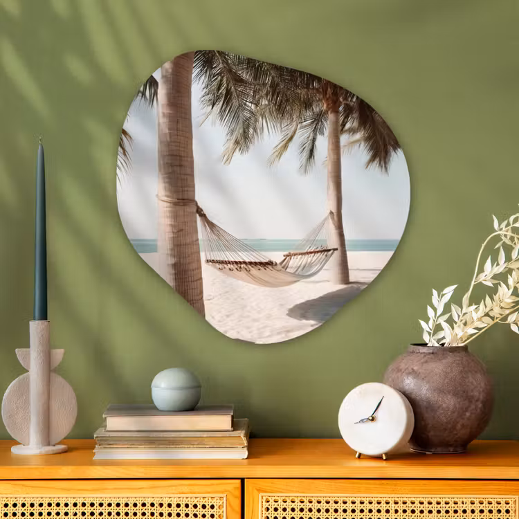 Hangmat - Palmbomen - Strand - Zee Wandcirkel Organisch Plexiglas middel -sfeer2