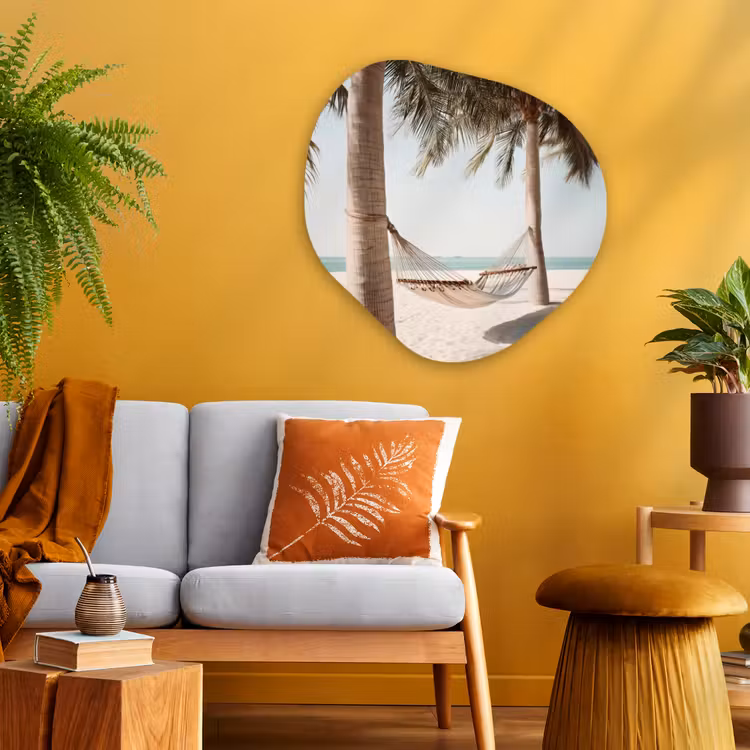 Hangmat - Palmbomen - Strand - Zee Wandcirkel Organisch Plexiglas middel -sfeer4