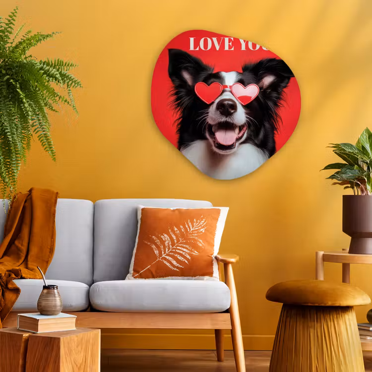 Hond - Hartjesbril - Loveyou - Rood Wandcirkel Organisch Plexiglas middel -sfeer4