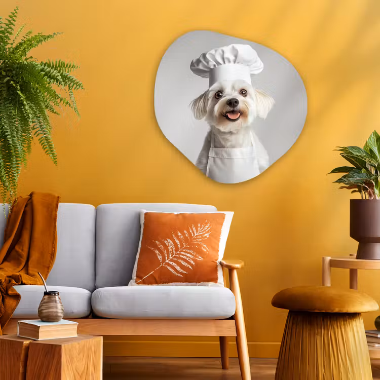 Hond - Wit - Kok Wandcirkel Organisch Plexiglas middel -sfeer4