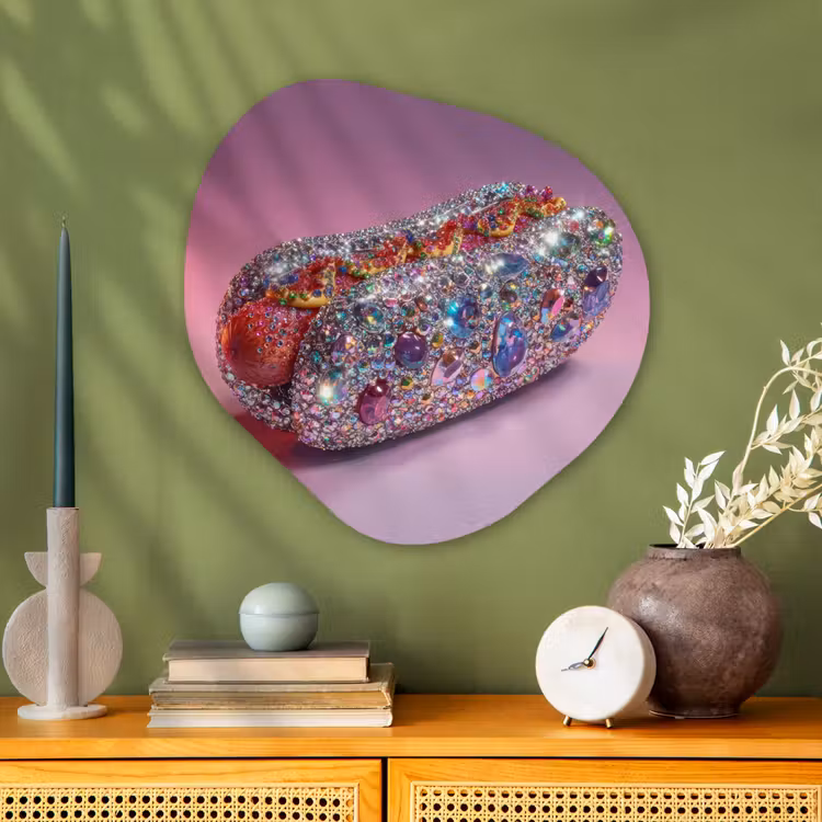 Hotdog - Steentjes - Glitters - Paars Wandcirkel Organisch Plexiglas middel -sfeer2