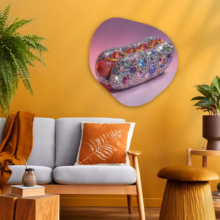 Hotdog - Steentjes - Glitters - Paars Wandcirkel Organisch Plexiglas middel -sfeer4