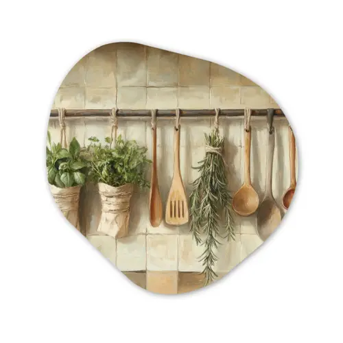 Hout - Keukengerei - Stilleven - Tegels Wandcirkel Organisch Plexiglas middel -3d