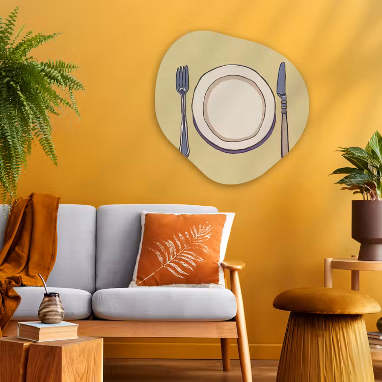 Illustratie - Bord - Bestek - Beige Wandcirkel Organisch Plexiglas middel -sfeer4