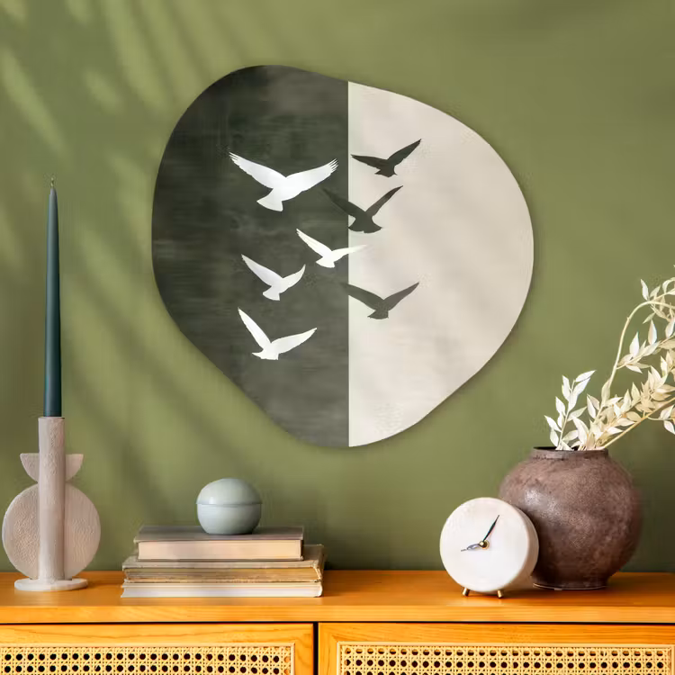 Japandi - Vogel - Groen Wandcirkel Organisch Plexiglas middel -sfeer2