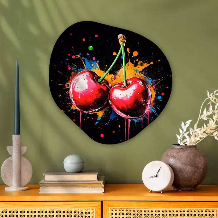 Kersen - Fruit - Graffiti - Verf - Abstract - Modern - Kleurrijk Wandcirkel Organisch Plexiglas middel -sfeer2