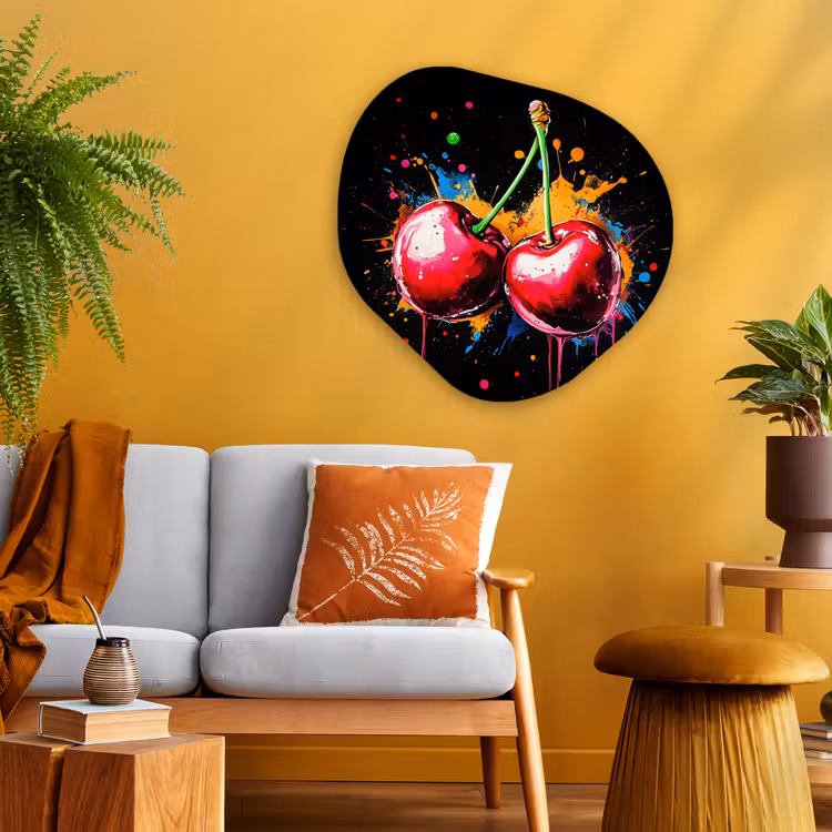 Kersen - Fruit - Graffiti - Verf - Abstract - Modern - Kleurrijk Wandcirkel Organisch Plexiglas middel -sfeer4