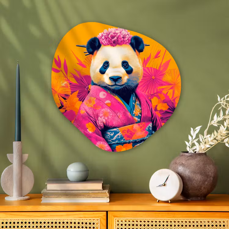 Kimono - Roze - Panda - Bloemenkroon Wandcirkel Organisch Plexiglas middel -sfeer2