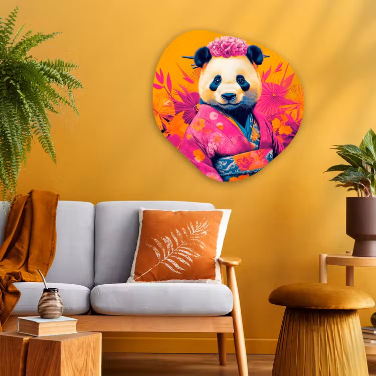 Kimono - Roze - Panda - Bloemenkroon Wandcirkel Organisch Plexiglas middel -sfeer4