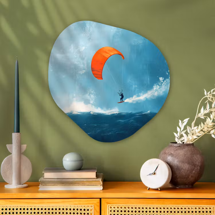 Kitesurfer - Oranje - Zee - Lucht Wandcirkel Organisch Plexiglas middel -sfeer2