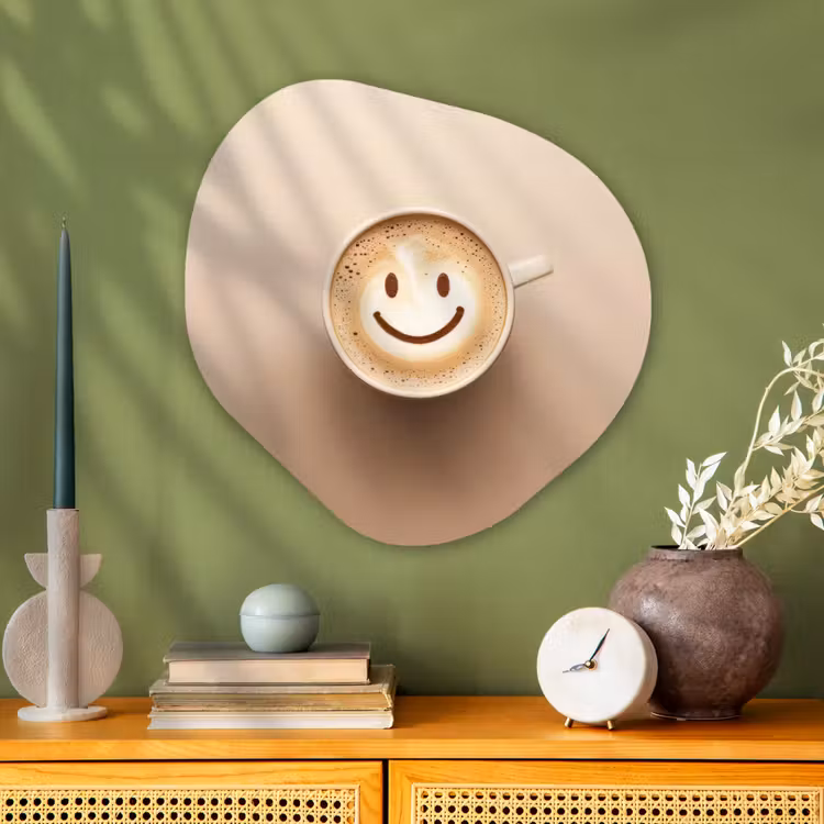 Koffie - Melkschuim - Lach - Beige Wandcirkel Organisch Plexiglas middel -sfeer2