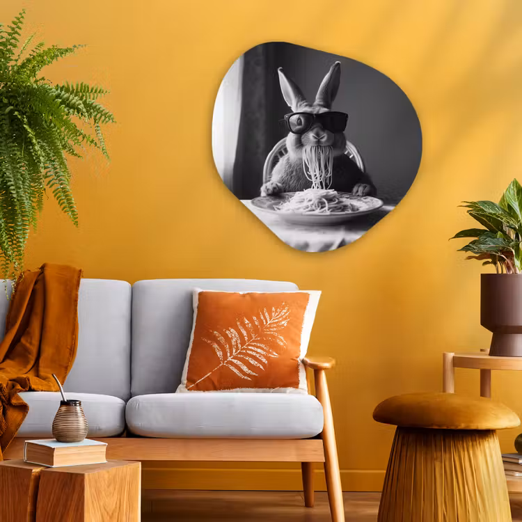 Konijn - Bunny - Zonnebril - Tafelkleed - Pasta - Schattig Wandcirkel Organisch Plexiglas middel -sfeer4