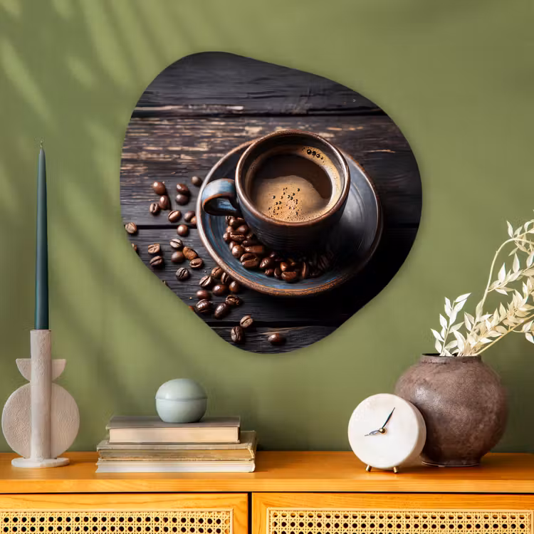 Kop - Koffie - Hout - Bonen Wandcirkel Organisch Plexiglas middel -sfeer2