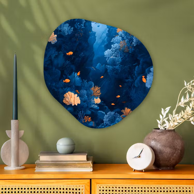 Koraalrif - Vissen - Oceaan - Blauw Wandcirkel Organisch Plexiglas middel -sfeer2