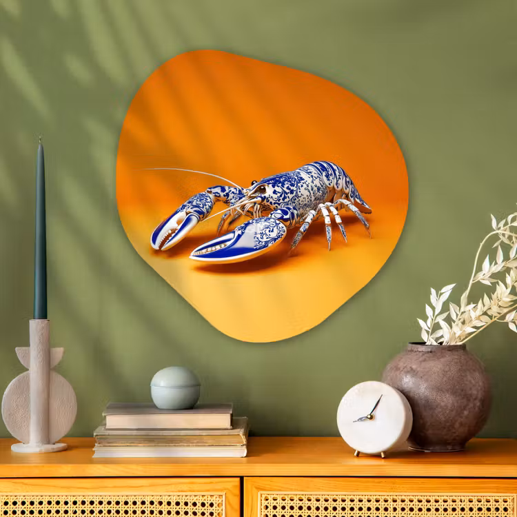 Kreeft - Delftsblauw - Schild - Stoer - Oranje Wandcirkel Organisch Plexiglas middel -sfeer2