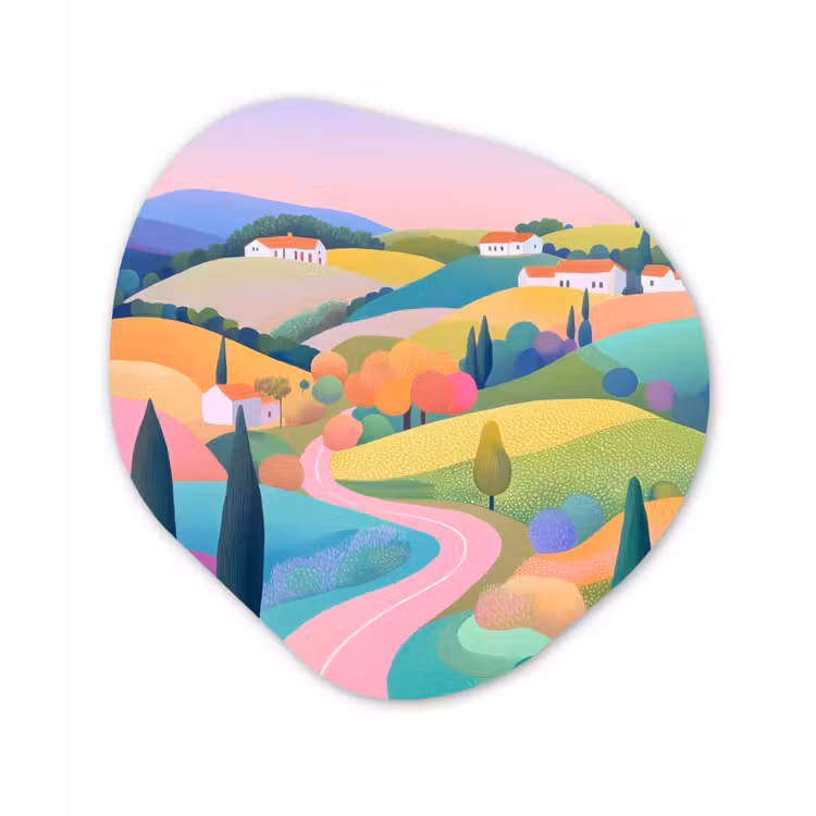 Landschap - Paars - Pastel - Huizen Wandcirkel Organisch Plexiglas middel -3d