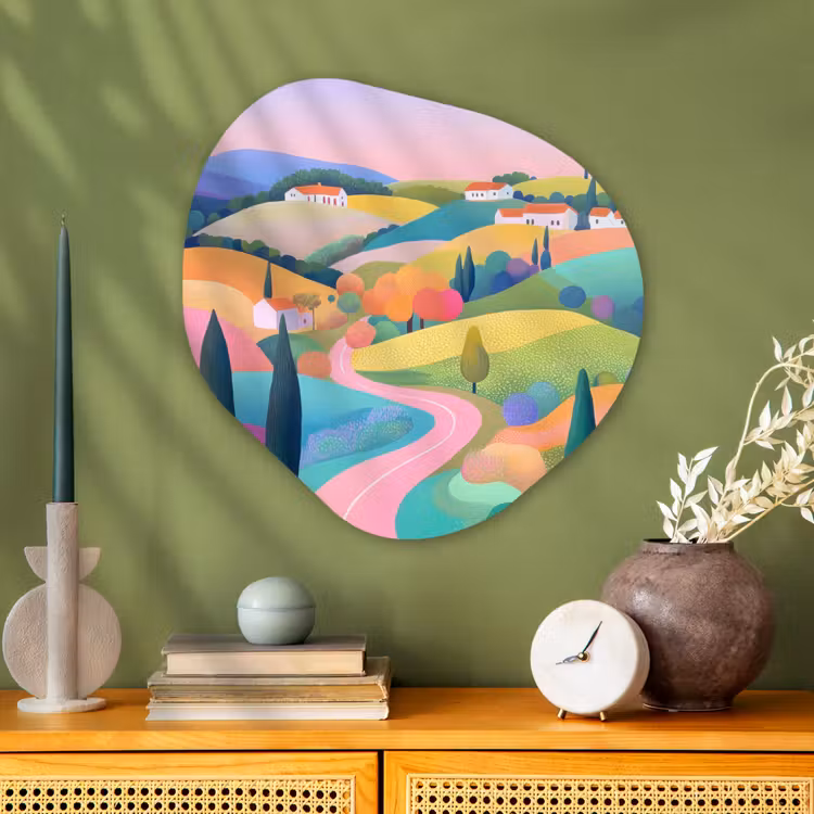 Landschap - Paars - Pastel - Huizen Wandcirkel Organisch Plexiglas middel -sfeer2