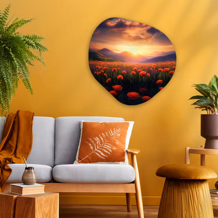 Landschap - Zonsondergang - Bloemenveld Wandcirkel Organisch Plexiglas middel -sfeer4
