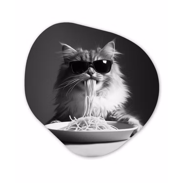 Langharige kat - Zonnebril - Spaghetti - Humor - Zwart - wit Wandcirkel Organisch Plexiglas middel -3d
