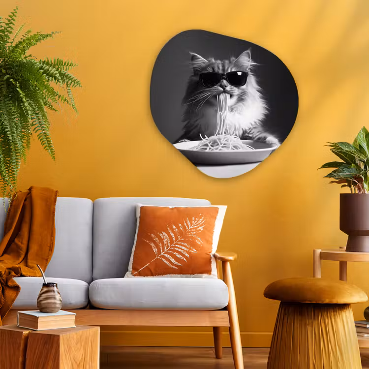 Langharige kat - Zonnebril - Spaghetti - Humor - Zwart - wit Wandcirkel Organisch Plexiglas middel -sfeer4