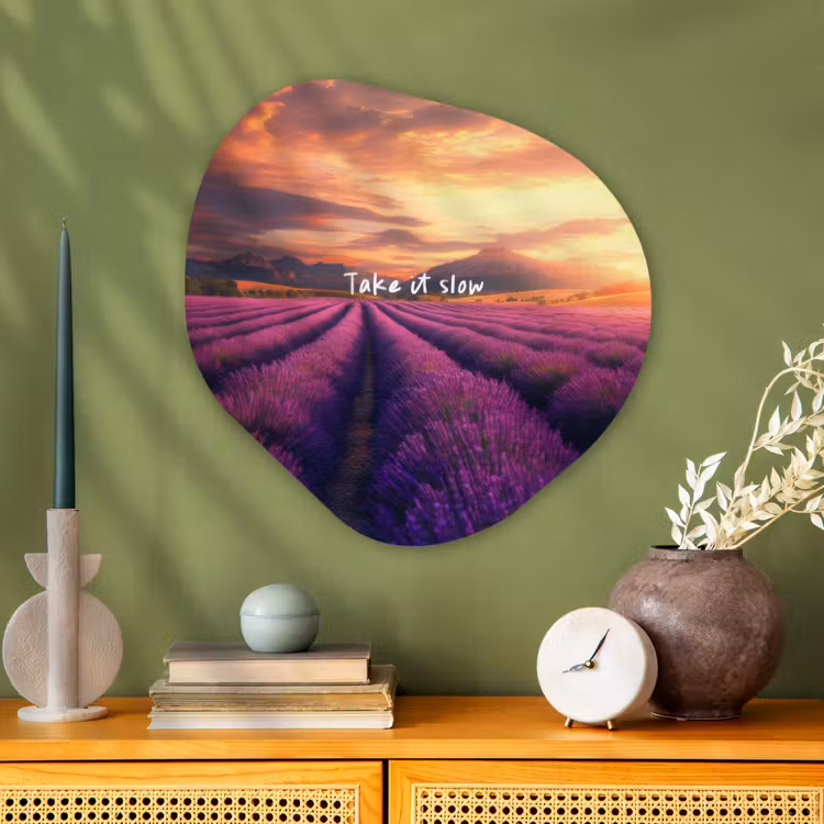 Lavendelveld - Quote - Zonsondergang Wandcirkel Organisch Plexiglas middel -sfeer2