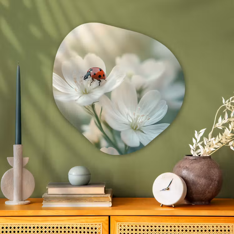 Lieveheersbeestje - Bloemen - Wit Wandcirkel Organisch Plexiglas middel -sfeer2