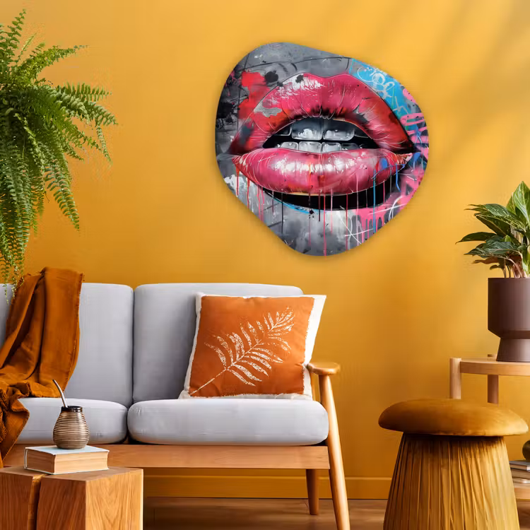 Lippen - Felroze - Graffiti - Verfstrepen Wandcirkel Organisch Plexiglas middel -sfeer4