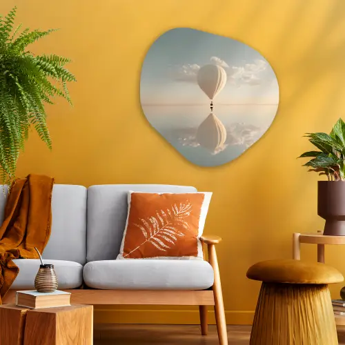 Luchtballon - Wolken - Water - Blauw Wandcirkel Organisch Plexiglas middel -sfeer4