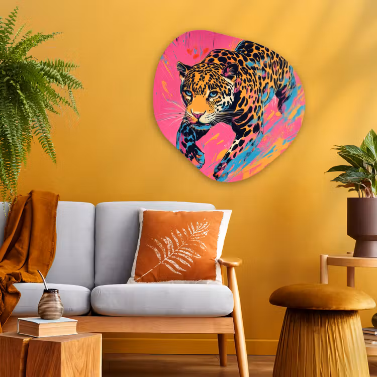 Luipaard - Roze - Oranje - Blauw - Verf Wandcirkel Organisch Plexiglas middel -sfeer4