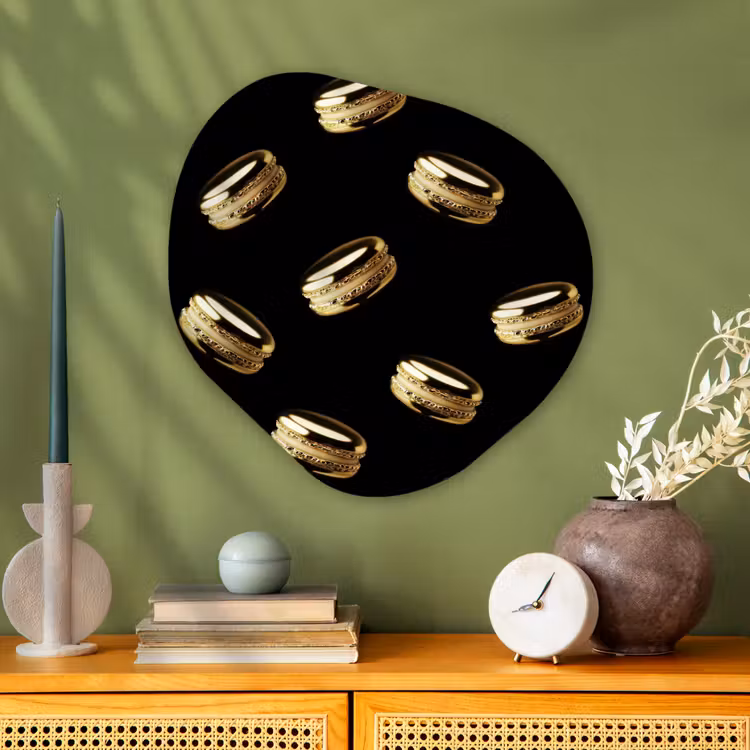 Macarons - Patroon - Goud - Zwart Wandcirkel Organisch Plexiglas middel -sfeer2