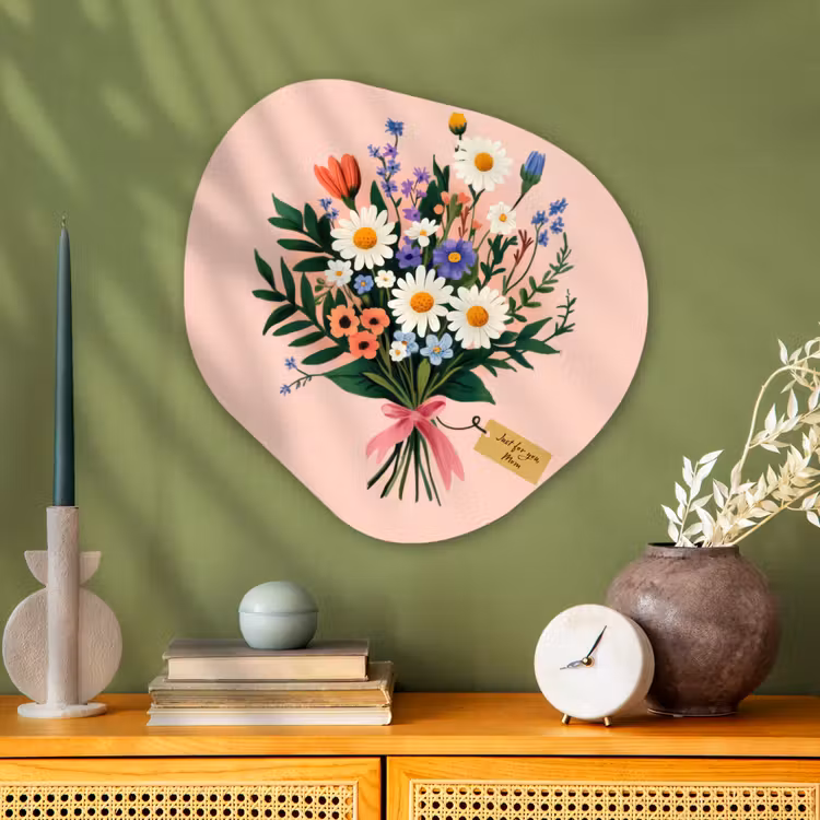 Margrieten - Boeket - Strikje - Roze Wandcirkel Organisch Plexiglas middel -sfeer2