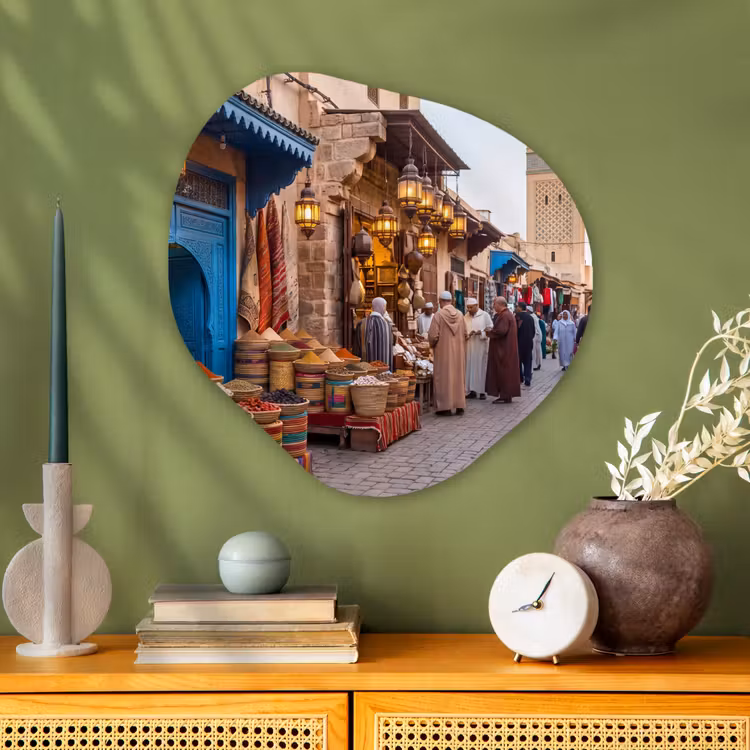 Organisch schilderij glas - Markt - Oosters - Kleurrijk - Markt - Oosters - Kleurrijk Wandcirkel Organisch Plexiglas middel