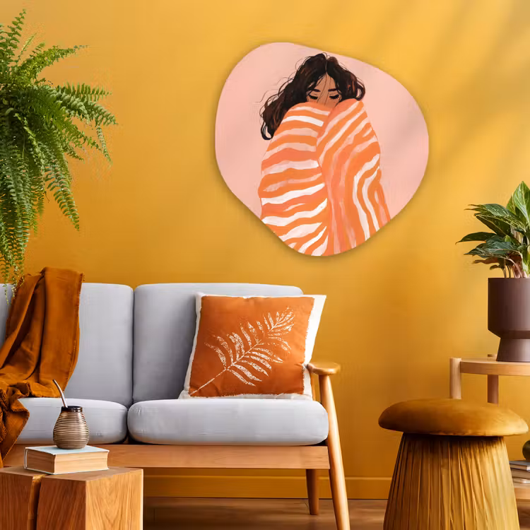 Meisje - Deken - Gestreept - Oranje Wandcirkel Organisch Plexiglas middel -sfeer4