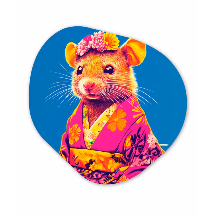 Muis - Kimono - Bloemen - Blauw Wandcirkel Organisch Plexiglas middel -3d