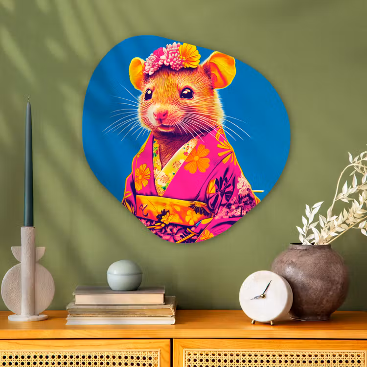 Muis - Kimono - Bloemen - Blauw Wandcirkel Organisch Plexiglas middel -sfeer2
