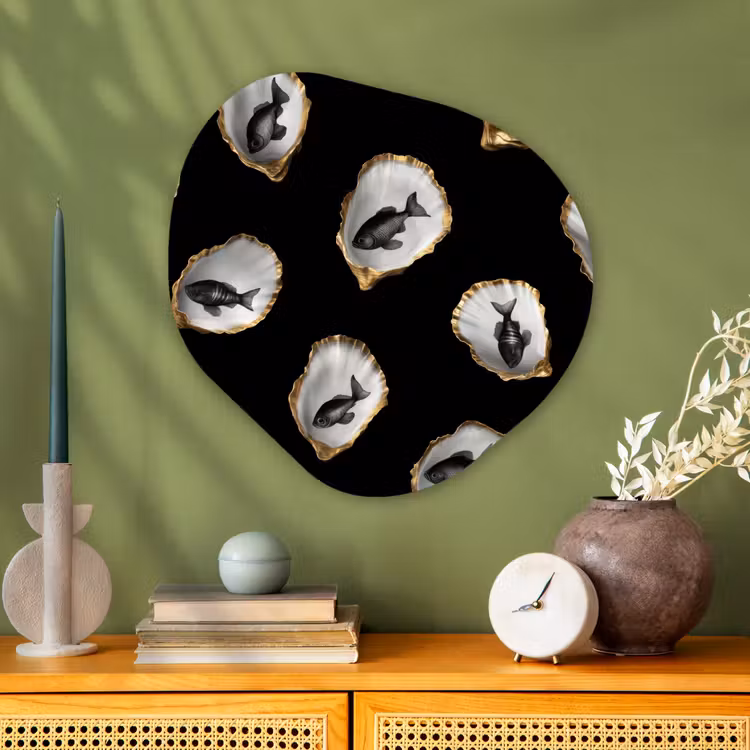 Oesters - Zwart - Vissen - Goud Wandcirkel Organisch Plexiglas middel -sfeer2