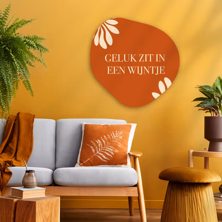Oranje - Wijntje - Quote Wandcirkel Organisch Plexiglas middel -sfeer4