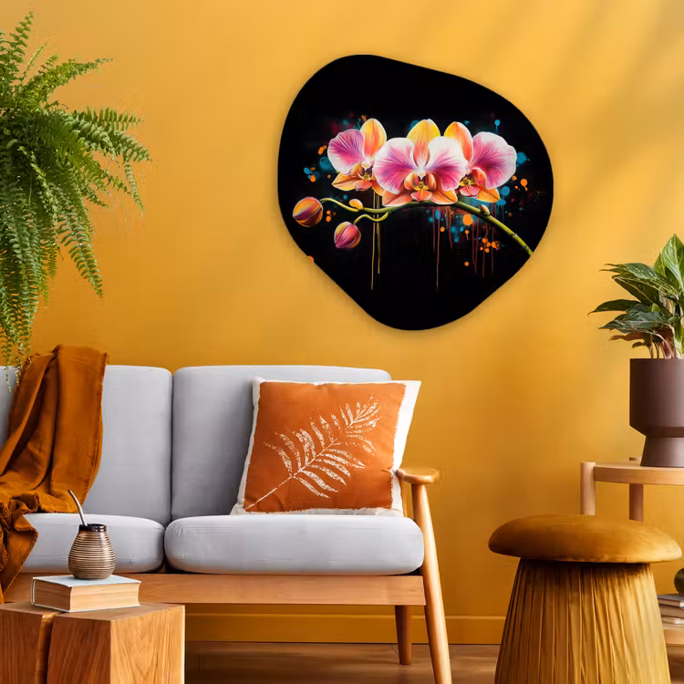 Orchidee - Graffiti - Kleurrijk - Bloemen - Abstract Wandcirkel Organisch Plexiglas middel -sfeer4