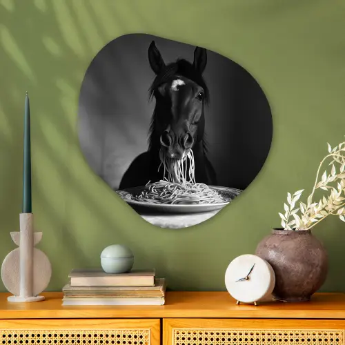 Paard - Bord - Pasta - Tafelkleed - Zwart Wit - Dieren Wandcirkel Organisch Plexiglas middel -sfeer2