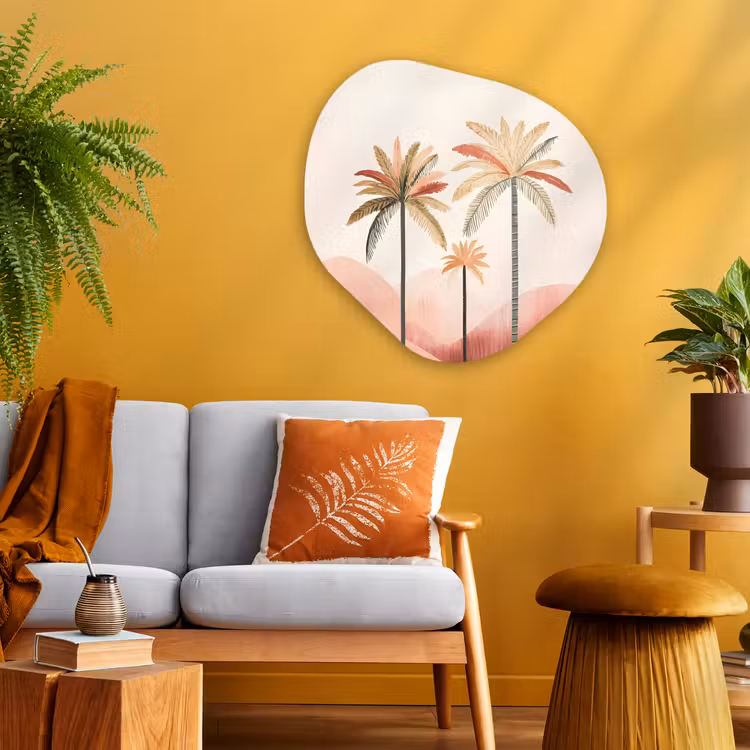 Palmbomen - Heuvels - Minimalistisch - Zachtroze Wandcirkel Organisch Plexiglas middel -sfeer4