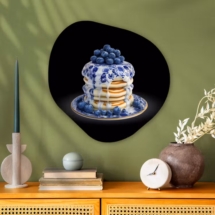 Pannenkoeken - Blauwe Bessen - Bord Wandcirkel Organisch Plexiglas middel -sfeer2