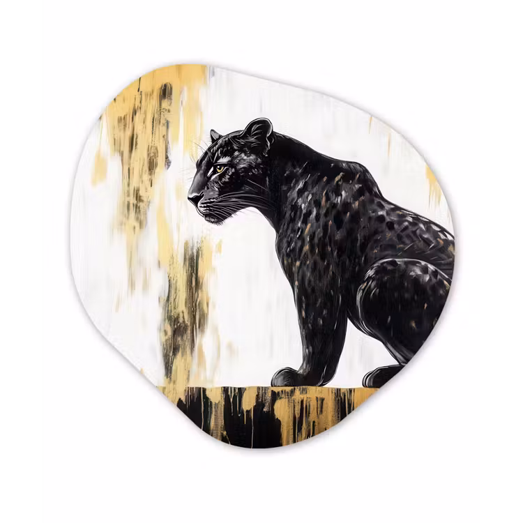 Panter - Zwart - Abstract - Goud Wandcirkel Organisch Plexiglas middel -3d
