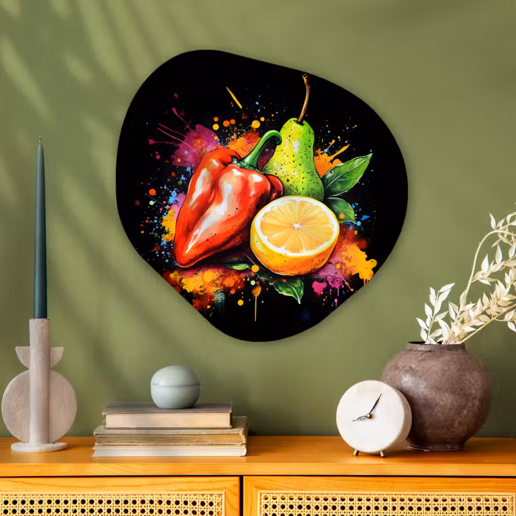 Paprika - Peer - Citroen - Graffiti - Verf - Abstract Wandcirkel Organisch Plexiglas middel -sfeer2