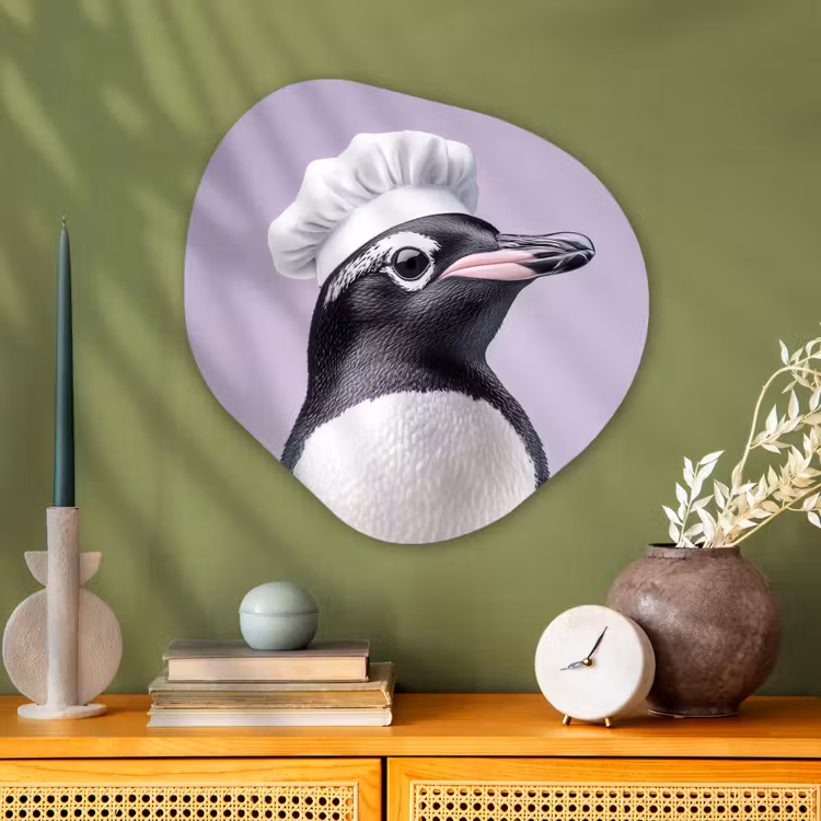Pinguïn - Koksmuts - Lief - Paars Wandcirkel Organisch Plexiglas middel -sfeer2