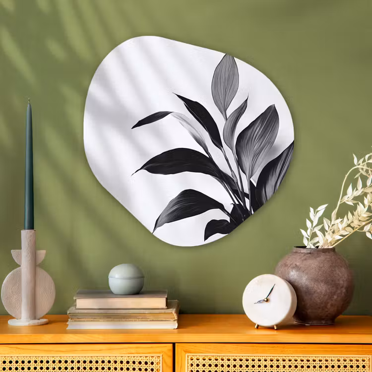 Plant - Bladeren - Minimalistisch - Zwart Wandcirkel Organisch Plexiglas middel -sfeer2