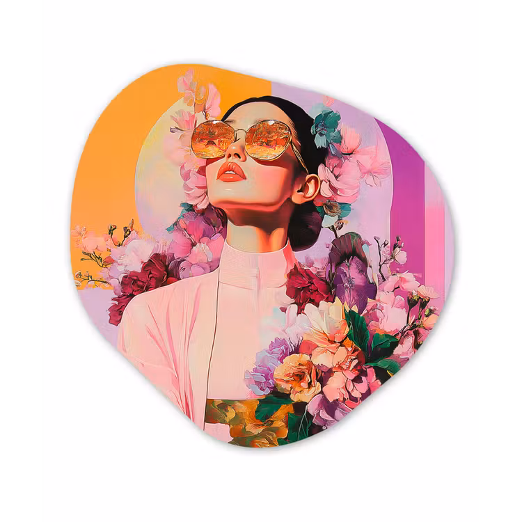 Portret - Vrouw - Abstract - Bloemen Wandcirkel Organisch Plexiglas middel -3d