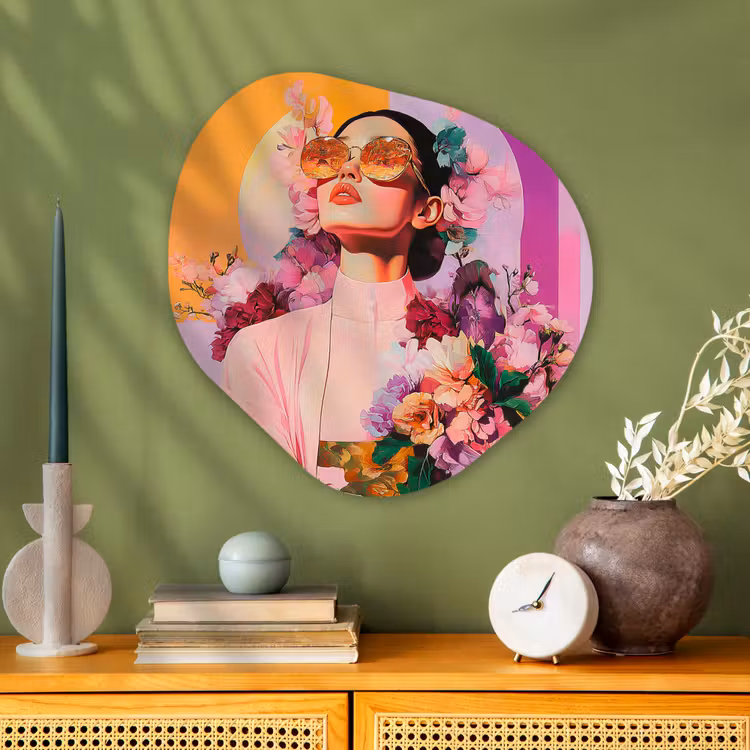 Portret - Vrouw - Abstract - Bloemen Wandcirkel Organisch Plexiglas middel -sfeer2