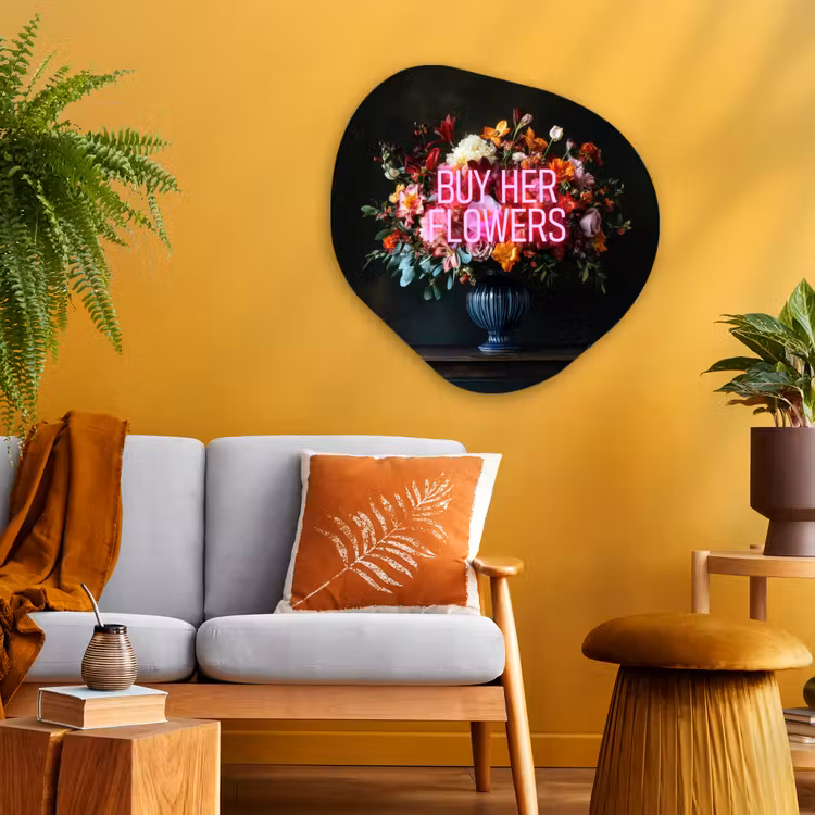 Quote - Bloemen - Vaas - Neon Wandcirkel Organisch Plexiglas middel -sfeer4