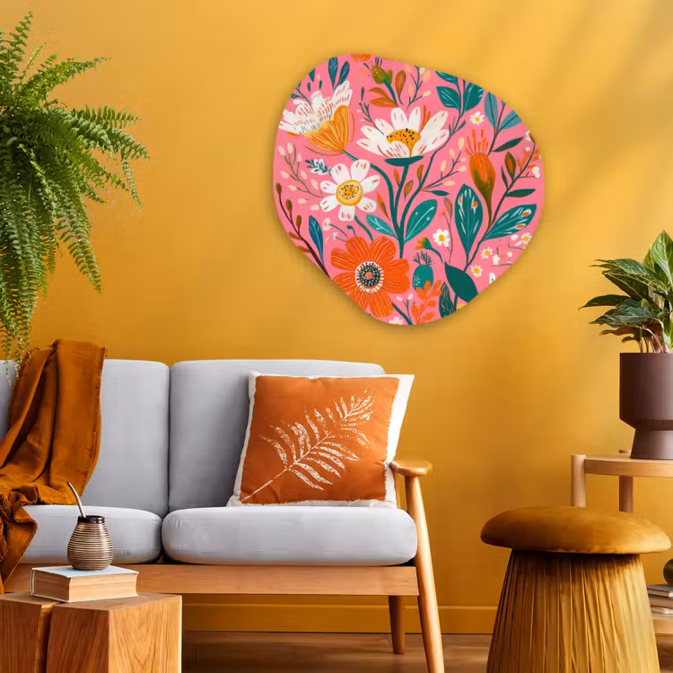 Roze - Bloemen - Wit - Oranje Wandcirkel Organisch Plexiglas middel -sfeer4