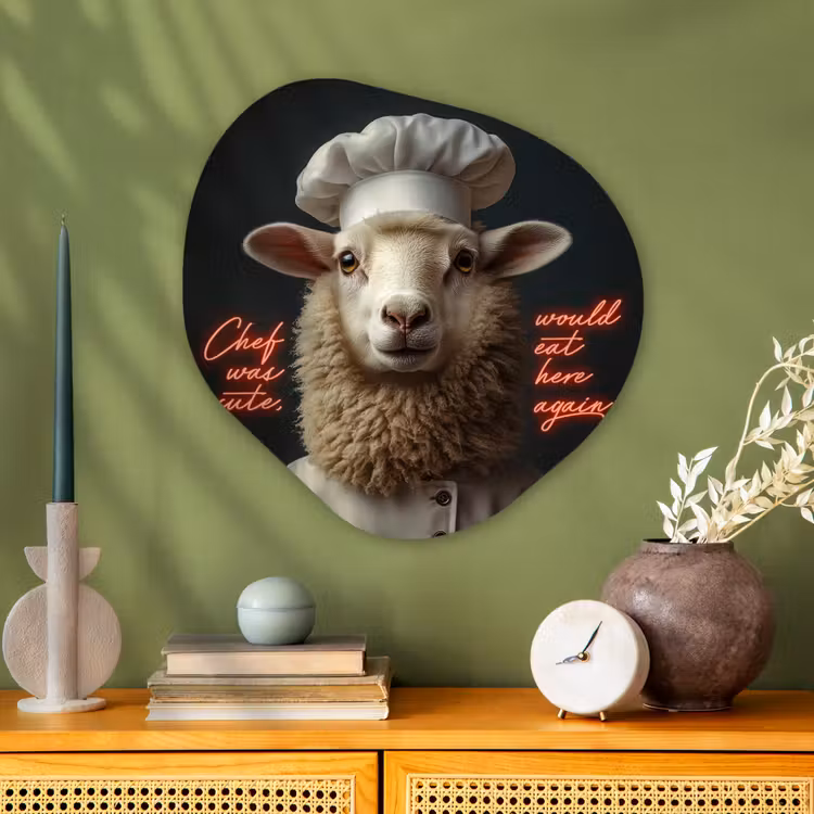 Schaap - Kokskleding - Neon - Quote Wandcirkel Organisch Plexiglas middel -sfeer2